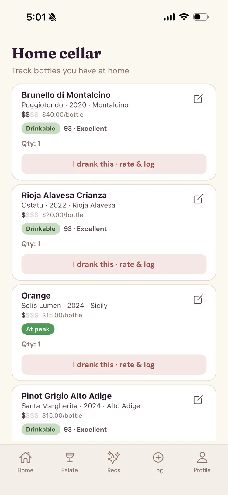 Home cellar screen tracking bottles on hand