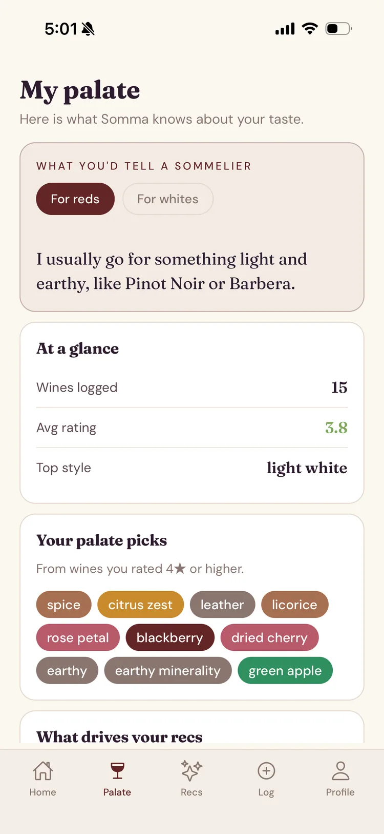 My palate screen showing tasting profile and favorite flavor notes