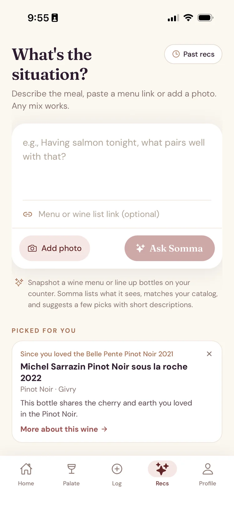 Recommendation screen where you describe the situation and Somma picks a bottle with a reason